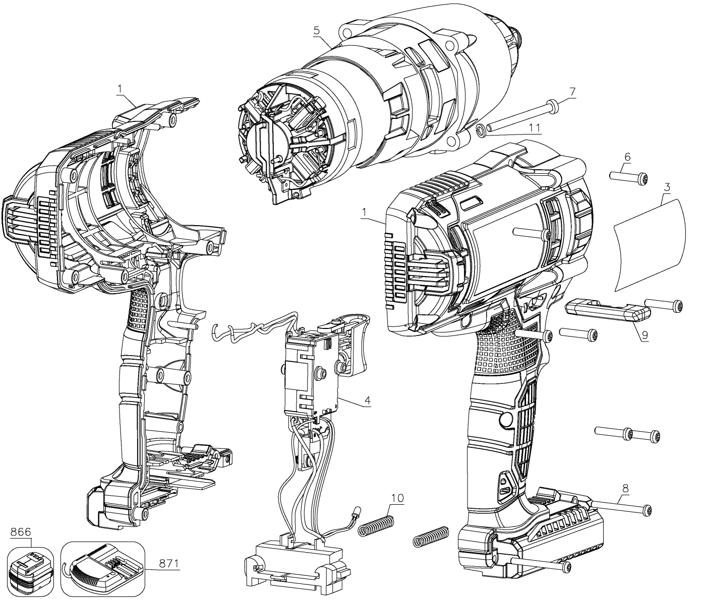 Default Diagram and Parts List for PCC740B Type 1 Porter Cable Wrench